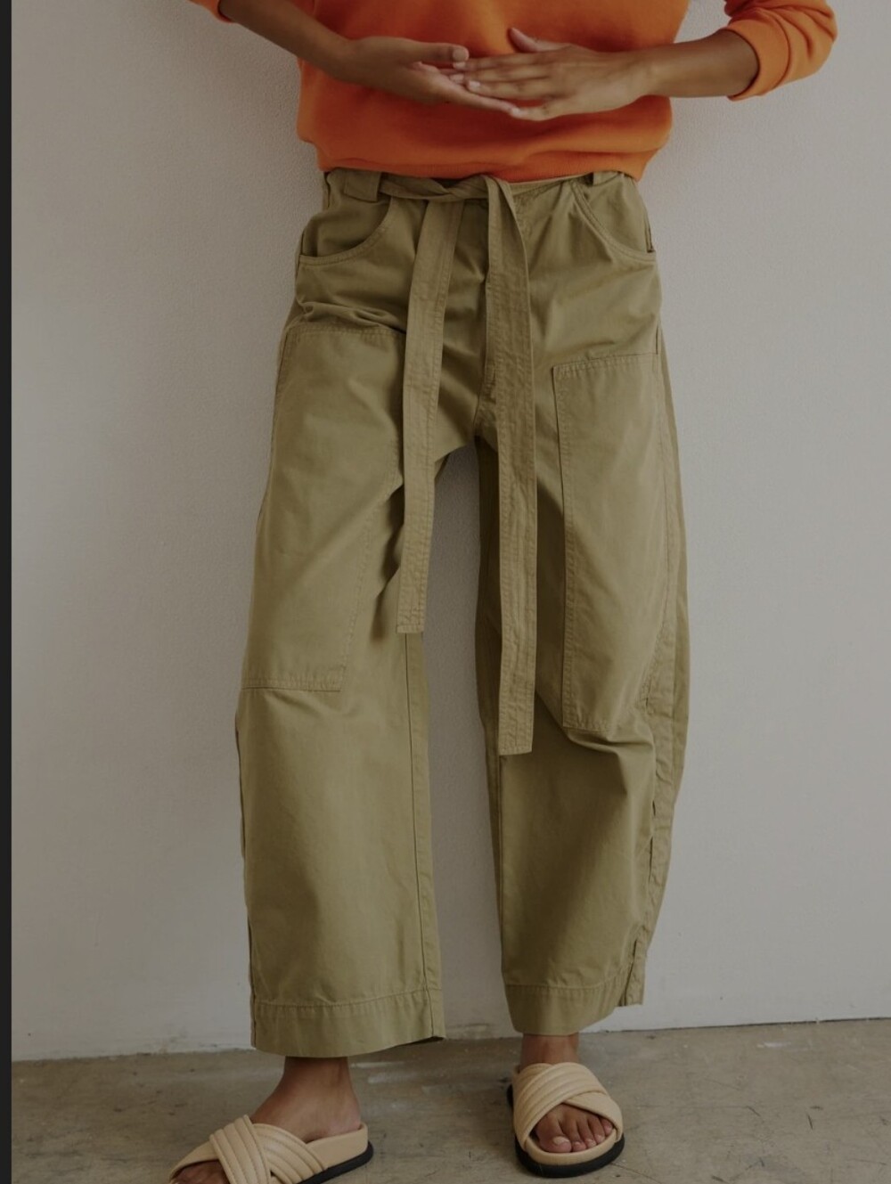 Worn Once High-Rise Wide Cargo Pants with Self-Tie Belt - Khaki